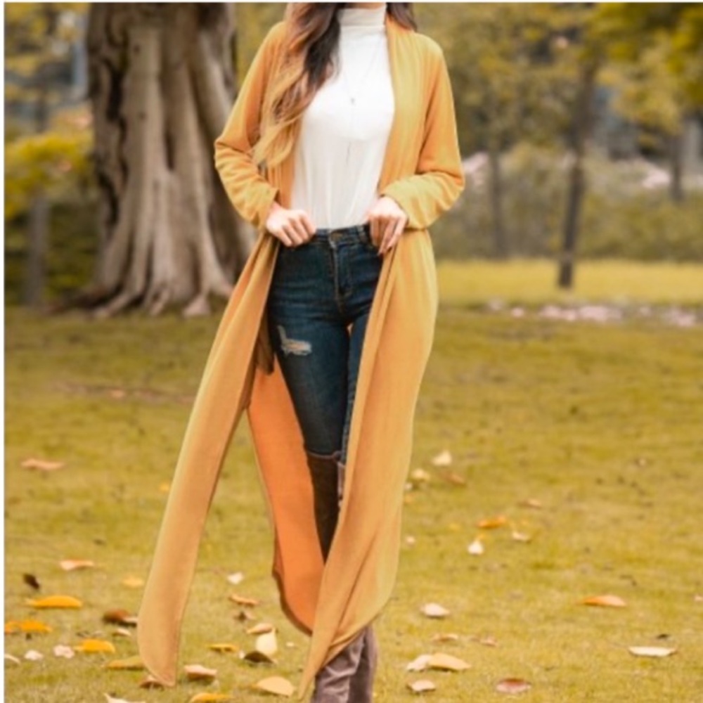 NEW• Mustard Long Open-Front Knit Cardigan• 1X- 2X
